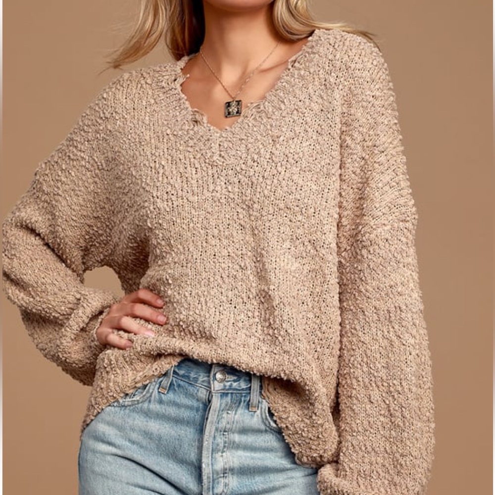 Lulus happily ever effortless taupe knit distressed sweater size S NWOT
